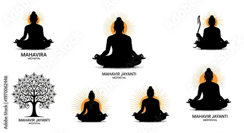 Set of vector illustrations featuring the silhouette of Lord Mahavira in meditation pose, adorned with floral decorations and Indian symbols, set against a clean white background