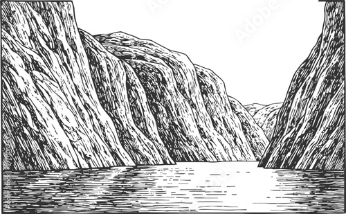 black and white illustration of a deep fjord surrounded by steep rocky cliffs with calm water