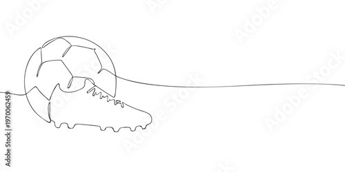 Minimal line illustration of a soccer ball and cleat shoe, representing football equipment, sport action, and athletic gear