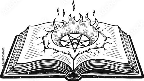 Ancient magic spellbook with flaming pentagram symbol engraving in cracked pages