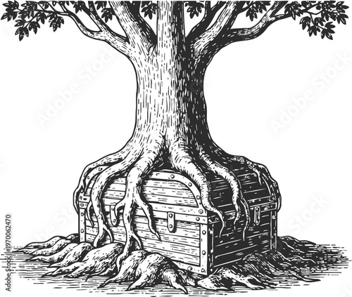 Ancient tree roots entwined around a locked treasure chest underground mystery illustration