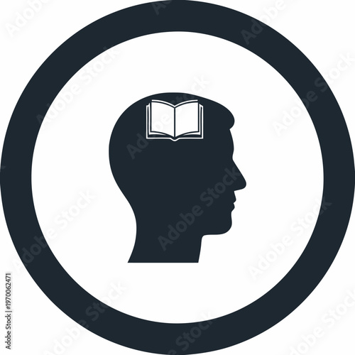 Symbolic vector icon depicting the human mind's capacity for learning, knowledge acquisition, and intellectual growth, represented by an open book within a head profile