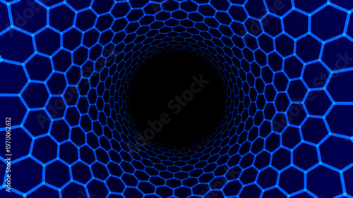 Abstract hexagonal tunnel background with glowing neon blue grid. Futuristic technology network, cyber data flow, digital vortex concept. Abstract geometric technology pattern. Vector Illustration.