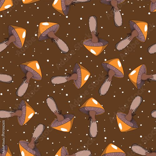 Seamless pattern with mushrooms. Hand drawn vector illustration. Vegan food menu. Poisonous and edible mushroom. Autumn mushroom picking, forest plant sketches.