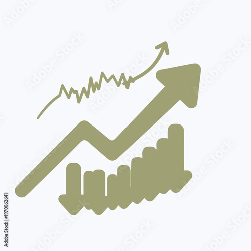 Dynamic business growth and financial progress analytics icon set featuring upward trends, fluctuating data, and success bar charts for market analysis