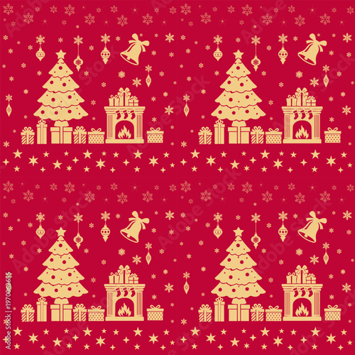 Red Christmas Seamless Pattern with Tree and Fireplace
