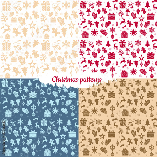 Christmas Seamless Pattern Set with Holiday Icons in 4 Colors