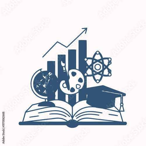 Dynamic icon of education and knowledge growth. Book, globe, art, science, cap, and graph symbolize multidisciplinary learning and academic success