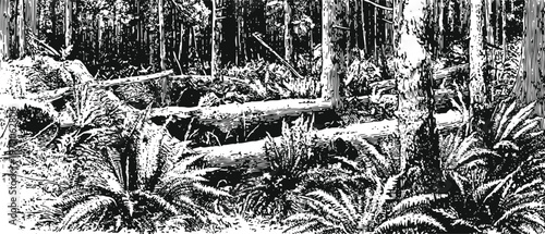 Black and white forest scene with fallen logs, dense ferns, and tall trees in a natural woodland setting