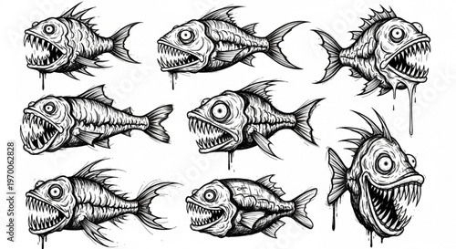 Urban Graffiti Mutant Fish and Sea Creature Vector Illustration Sheet in Black Ink Grunge Punk Street Art Style with Surreal Distorted Forms