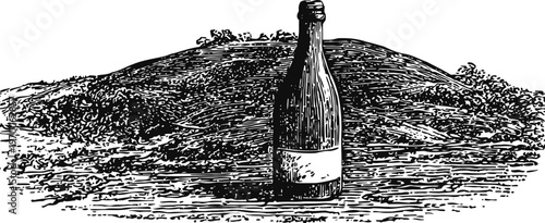 Vintage wine bottle standing on wooden surface with hill landscape background illustration