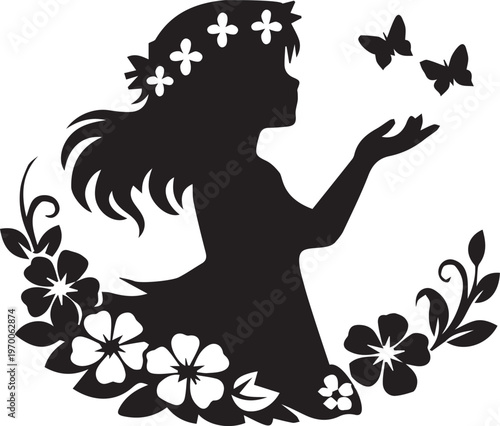 Elegant Girl Silhouette with Floral Crown and Butterflies – Flowing Hair and Dress in Nature-Inspired Composition – Clean Black and White Vector for Branding, Apparel Printing, Decals, and Commercial