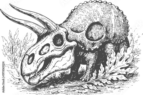 Detailed black and white illustration of a triceratops dinosaur skull with foliage background