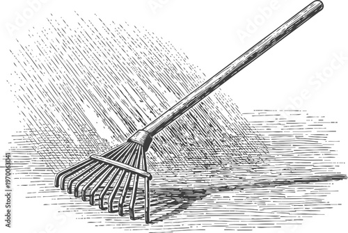 Vintage garden rake illustration with wooden handle and metal tines for outdoor landscaping tools