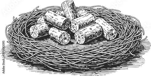 Vintage illustration of bird nest filled with wine corks, nature and recycling concept, ecological reuse idea