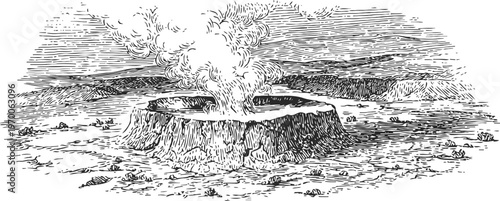 illustration of an erupting volcanic crater with smoke and rugged landscape scenery
