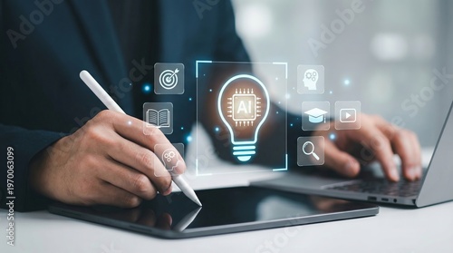 Experience personalized study through smart education technology, leveraging AI powered idea creation, interactive learning icons, and digital tools on a tablet.