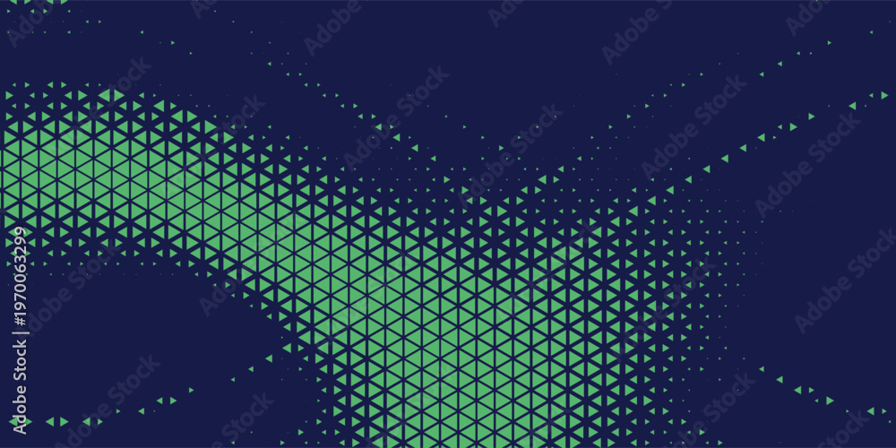 Fototapeta premium Triangular Blue-Green Halftone Texture. Retrowave Vector Geometric Technology Abstract Background. Half Tone Triangles Retro Colored Pattern. Minimal 80s Style Dynamic Tech Structure Wallpaper. Eps10