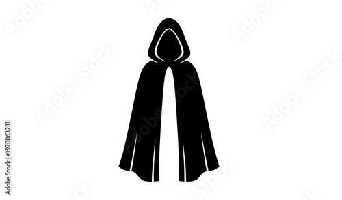 Black cloak and hood silhouette icon with flowing robe shape minimal vector isolated on white background