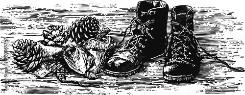 vintage hiking boots and pine cones on wooden surface outdoor adventure gear and nature elements sketch