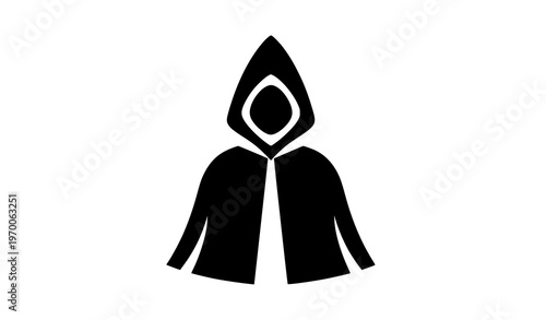 Minimal hooded cloak silhouette icon with geometric shape flat black vector isolated on white background