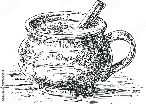 Hand drawn mulled wine cup with cinnamon stick and star anise, vintage autumn beverage illustration