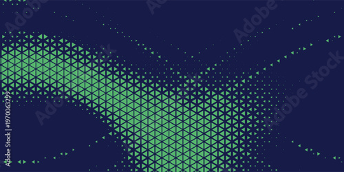 Triangular Blue-Green Halftone Texture. Retrowave Vector Geometric Technology Abstract Background. Half Tone Triangles Retro Colored Pattern. Minimal 80s Style Dynamic Tech Structure Wallpaper. Eps10