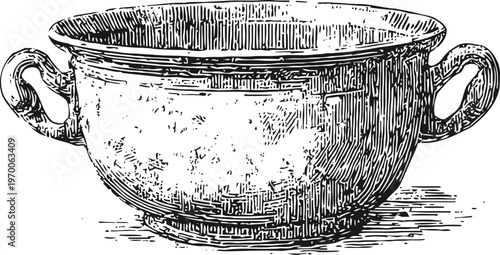 Vintage metal bowl with handles, antique kitchenware illustration, rustic cookware drawing