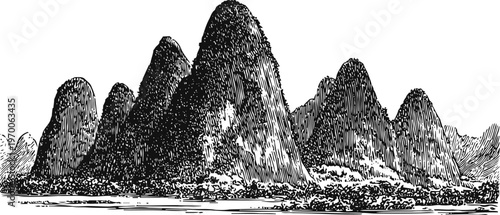 Black and white vintage illustration of sharp rocky mountains with textured shading and detailed contours