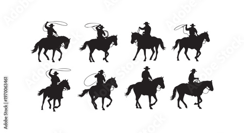 Silhouette of rodeo riders in various poses with horses and lassos isolated on transparent background