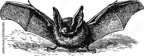 Vintage black and white illustration of a bat with outstretched wings detailed engraving