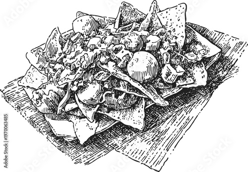 Hand drawn nachos plate with melted cheese, tomatoes, jalapenos, and tortilla chips on wooden tray