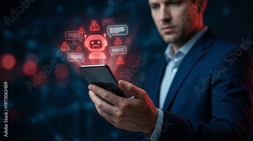 Cybersecurity risk icons, error alerts, and warnings from an AI chatbot system indicate potential data breaches and smart automation failure in modern digital networks.