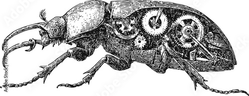 detailed mechanical beetle illustration with visible gears and intricate steampunk design