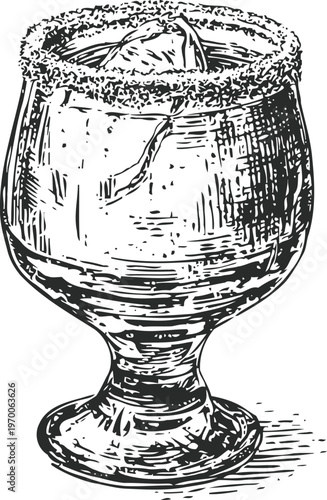 Cocktail glass with salted rim and ice cube detailed vintage illustration