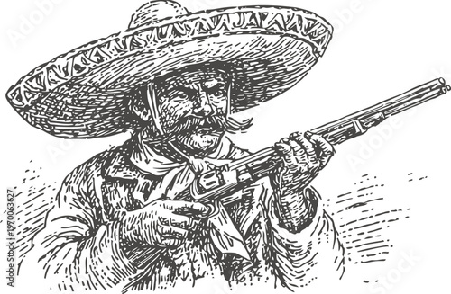 Mexican revolutionary man aiming rifle with wide sombrero hat and mustache in vintage engraving