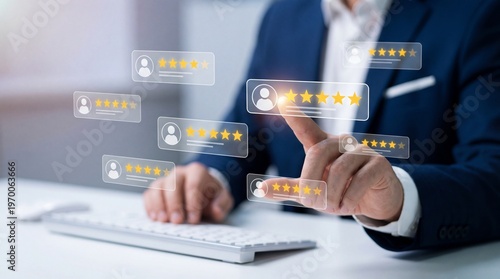 Displaying digital 5-star customer reviews, user comments, and testimony, a person in a business suit interacts with a feedback system.