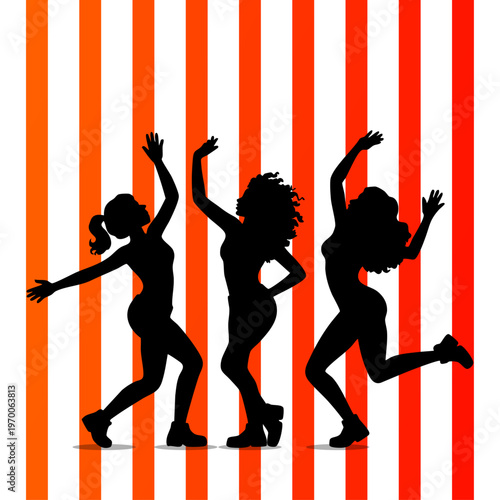 dancing women silhouettes on striped background, energetic female dancers party illustration, modern disco girls silhouette graphic design, stylish dance movement abstract background