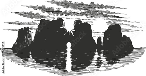 silhouette of rocky sea cliffs with sunburst and sky reflection at calm water surface