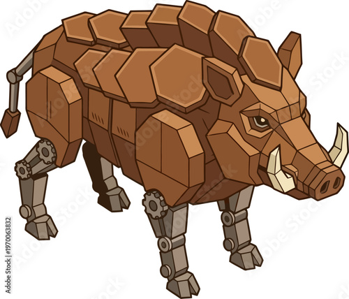 Steampunk mechanical wild boar with gears and metal plating