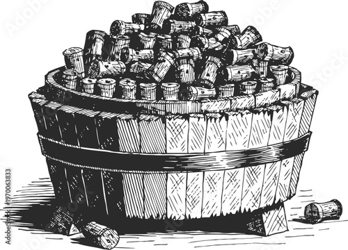 Wooden basket filled with cork stoppers, vintage hand drawn illustration of bottle plugs collection