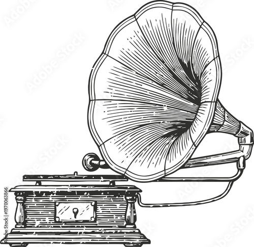 Vintage gramophone with large horn speaker classic antique music player with detailed wood and metal design