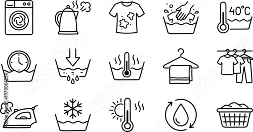 Laundry and Garment Care Icon Set Featuring Washing Machine Kettle Dirty Clothes Hand Wash Temperature Iron Hanger and Fabric Cleaning Symbols