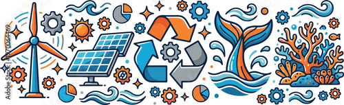 Eco friendly sustainable energy and recycling concept with solar panel wind turbine and ocean elements