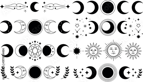 Hand drawn celestial elements and cosmic symbols set black and white minimalist astrology icons for design