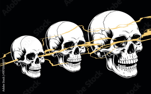 Three human skulls connected by glowing yellow neural network lines on black background 3D render