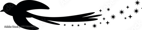Black bird flying silhouette with star trail motion effect against white background minimalist design