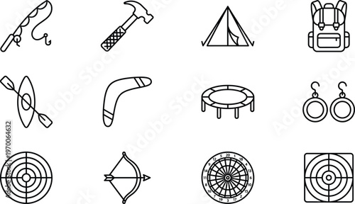 Outdoor Recreation and Camping Icon Set Featuring Fishing Gear Hammer Tent Backpack Kayak Boomerang Trampoline Jewelry Bow Arrow and Target Symbols