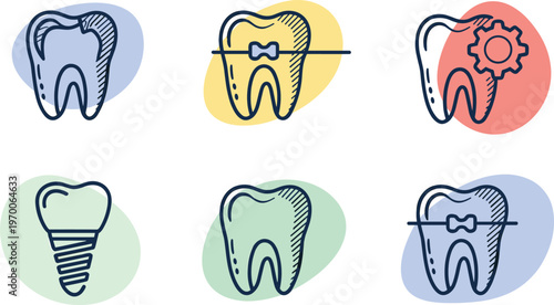 Dental Care Icon Set Featuring Teeth with Braces, Dental Implant, Cavity Treatment, Tooth Gear Symbol, and Stomatology Hand Drawn Illustrations