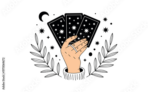Hand holding tarot cards with cosmic stars and laurel wreath fortune telling divination spiritual guidance illustration